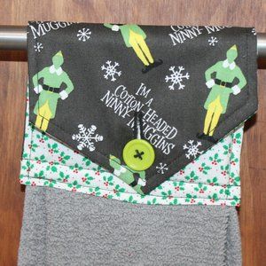 "ELF" THE MOVIE CHRISTMAS GRAY & GREEN HANDMADE HANGING KITCHEN GRAY HAND TOWEL